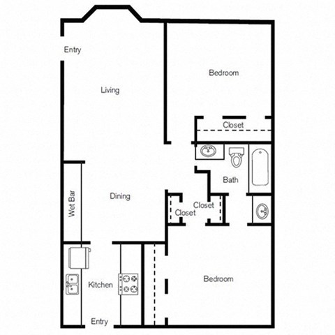 Floor plan for 2 beds, 1 bath, 1044 sqft